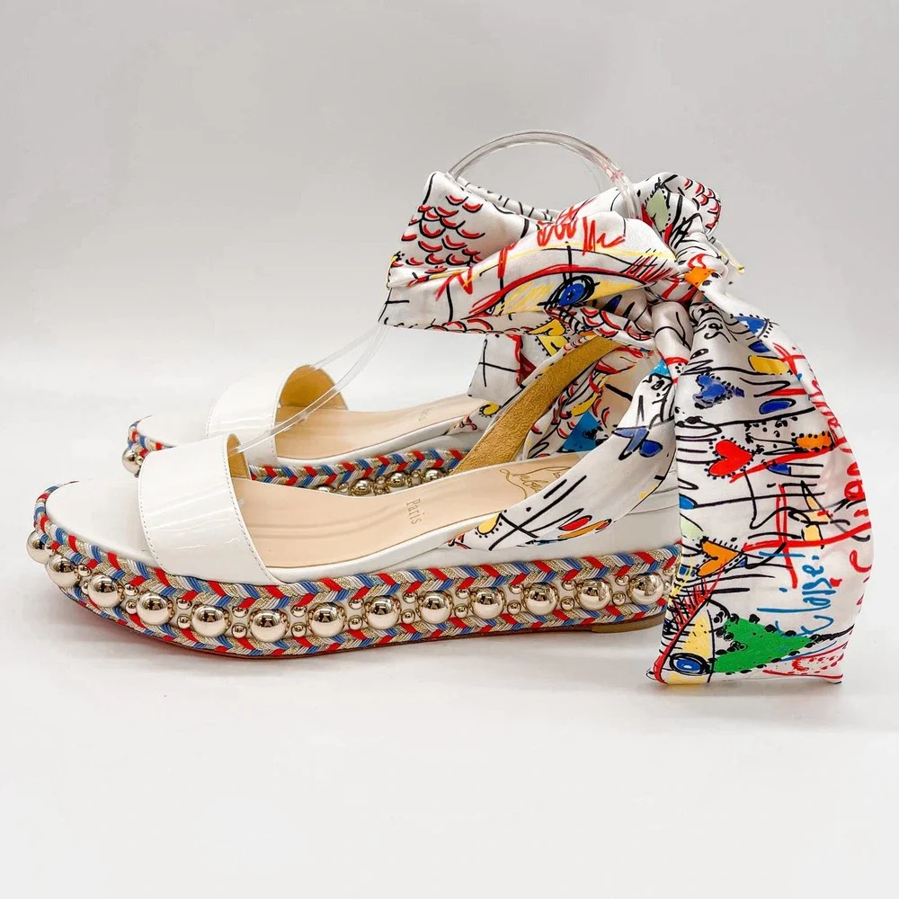 Christian Louboutin Sandals Espadrilles Flats White Leather Bow Made in Spain 39 - Picture 2 of 12